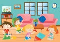 Children folding plane paper in room