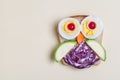 Creative and funny tasty sandwich for breakfast, cute owl made of toast bread decorated with eggs and vegetables, copy space, top