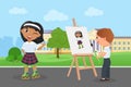 Children friends spend fun time together, young artist painting art portrait of girl