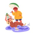 Children friends walking outdoors in rain. Afraid boy and girl slipping and falling down into puddle, holding frog