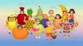 Children in fruit costumes. Set of characters. Crowd of cheerful preschoolers. Vector drawing illustration Royalty Free Stock Photo