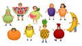 Children in fruit costumes. Set of characters. Crowd of cheerful preschoolers. Vector drawing illustration Royalty Free Stock Photo