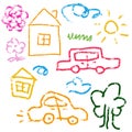 Children funny simple drawings with wax crayon. Kids doodle drawing, children hand drawn house, car, tree, sun, flower