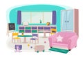 Children furniture. Toys for preschool kindergarten kids room soft furniture bedroom bed desk education items vector
