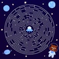 Children game, cosmic circle labyrinth for kids, held astronaut find way to spaceship, universe theme