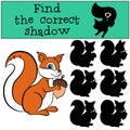 Children games: Find the correct shadow. Cute little squirre.