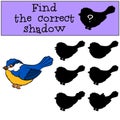 Children games: Find the correct shadow. Little cute titmouse.