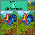 Children games: Find differences. Cute beautiful rooster.