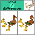 Children games: Find differences. Duck and three ducklings.