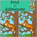 Children games: Find differences. Little cute baby tiger lays in the tree branch.