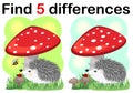 Children games: Find differences. Little cute hedgehog with mushrooms Royalty Free Stock Photo