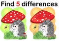 Children games: Find differences. Little cute hedgehog with mushrooms Royalty Free Stock Photo