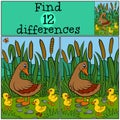 Children games: Find differences. Mother duck walks with her little cute ducklings. Royalty Free Stock Photo