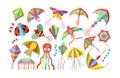 Children games paper flying kites toys set. Flying wind playthings for summer outdoor activity