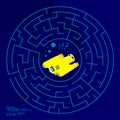Children games. Round maze, labyrinth. Underwater adventures. Yellow exploration underwater robot is lost in maze. Vector
