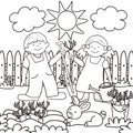 Children in the garden with rabbit, coloring book, eps.