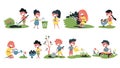 Children in the garden set. Collection of kids gardening Royalty Free Stock Photo