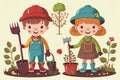 Children Gardener, Farmer Work in Garden. Harvest Tree, Flat Illustration