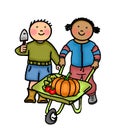 Children gardening with wheelbarrow