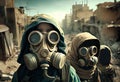 children in gas masks, postapocalypse after nuclear war. Royalty Free Stock Photo