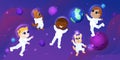 Children of a girl and a boy and a dog in astronaut costumes are in outer space. They have fun against the backdrop of Planet. Royalty Free Stock Photo