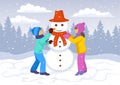 Children , girl and boy making a snowman. Winter landscape background