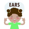 Children girl Pointing to and Saying `ears` as Part of Naming Body or Face Parts Series for kid isolated vector Illustration.