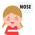 Children girl Pointing to and Saying `nose` as Part of Naming Body or Face Parts Series for kid isolated vector Illustration.