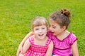 Children girls hug in green grass park Royalty Free Stock Photo