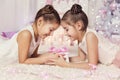 Children Girls Open Birthday Present Gift, Two Kids Royalty Free Stock Photo