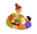 Children giving flowers bouquet for Teacher day. School students, kids hugging tutor, thanking with love and respect Royalty Free Stock Photo