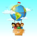 Children on globe hot air balloon vector illustration of cartoon travel adventure friendship and school education design