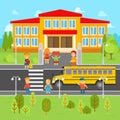 Children go back to school vector flat illustration. School bus, kids infographic elements. Royalty Free Stock Photo