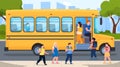 Children go to yellow school bus with driver vector flat illustration boarding into public service