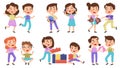 Children good and bad behaviour, kids play together and fighting. Girl and boy fighting for toy vector illustration set