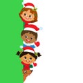 Children And Greeting Christmas And New Year Banner, Multicultural Kids In Christmas Costume Characters.