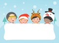 Children and greeting Christmas and New Year card, kids peeping behind placard, kids in Christmas costume characters celebrate