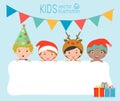 Children and greeting Christmas and New Year card, kids peeping behind placard, kids in Christmas costume characters celebrate