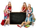 Children Group with Advertisement on Blank School Blackboard