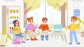 Children group on lunch or breakfast together. Primary school or preschool characters. Kids eating food in canteen Royalty Free Stock Photo