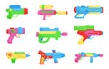 Children gun toy. Plastic space guns, water kids weapon. Neon blasters and rayguns, pistols for games. Childish shooting