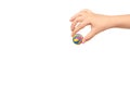 Children hand with color rubber ball, kids educational toy Royalty Free Stock Photo