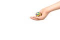 Children hand with color rubber ball, kids educational toy Royalty Free Stock Photo