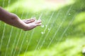 Children hand water drop grass background