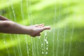 Children hand water drop grass background