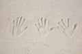 Children handprints on the sand
