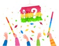 Children hands beat pinata use sticks surrounded by falling candy and colored confetti vector Royalty Free Stock Photo