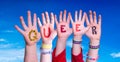 Children Hands Building Word Queer, Blue Sky