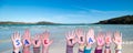 Children Hands Building Word Safe Travel, Sea And Ocean Background Royalty Free Stock Photo