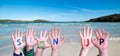 Children Hands Building Word Sign Up, Sea And Ocean Background